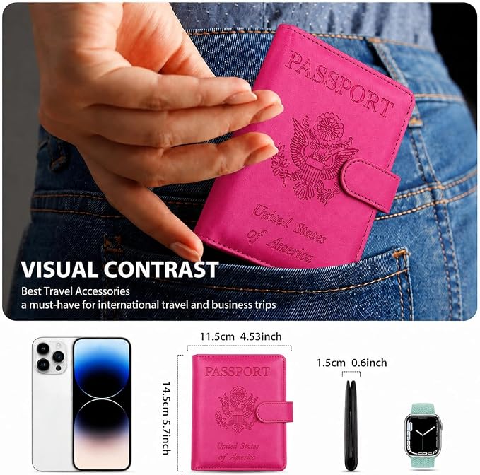 Passport Holder with RFID Blocking Leather Travel Wallet | Multiple Card Compartments, SIM Card Access, Compact Carry Design, Flight Ready Essentials for Men & Women, Fuchsia
