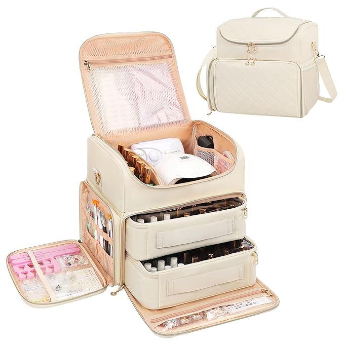 CUBETASTIC Extra Large Nail Polish Organizer Case Holds 86 to 100+ Bottles Nail Polish & Nail Lamp, Nail Supplies Storage Carrying Bag with 2 Removable Pouches