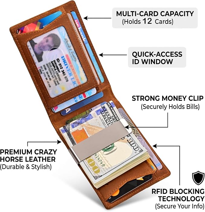 kinzd Slim Wallet with Money Clip RFID Blocking Minimalist Bifold Wallet for Men Genuine Leather Front Pocket Card Holder