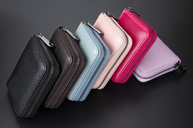 Suweibuke Genuine Leather Credit Card Holder Zipper Wallet RFID Blocking Secure Card Case ID Case Organizer (Dark Blue)