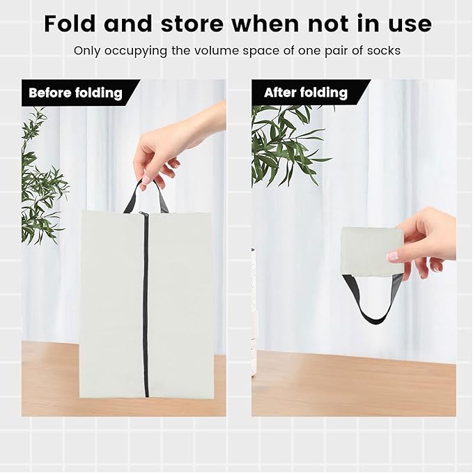 3 Pack Folding Shoe Bags for Travel with Zipper Closure, Waterproof Shoe Storage Bag with Handle, Washable Shoe Organizers Packing Cubes for Gym Women Men (Cream)