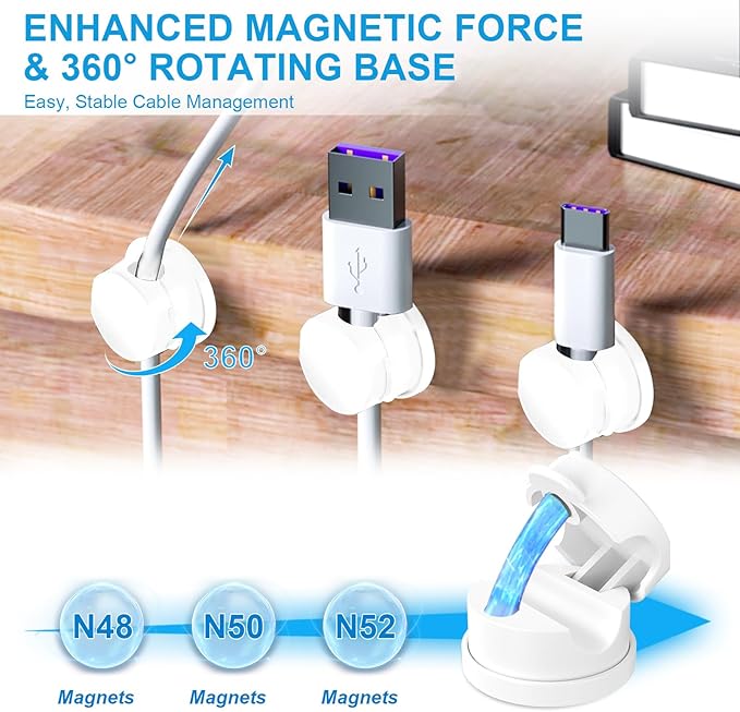 6pcs Magnetic Cable Clips, 360° Swiveling Adhesive Cable Organizer - Compact Cable Holder for Desk, Nightstand, Car, Kitchen & Home Office - Charger Cord Holder Solution by MarLigavid (White)