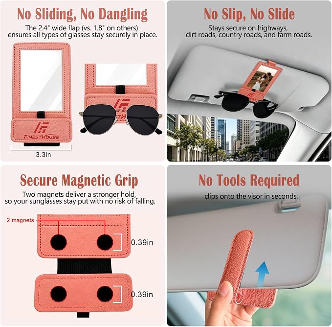 Magnetic 2-in-1 Sunglass & Photo Holder for Car Visor, Leather Anti-Slip No-Fall No-Slide, Fits SUV Truck RV