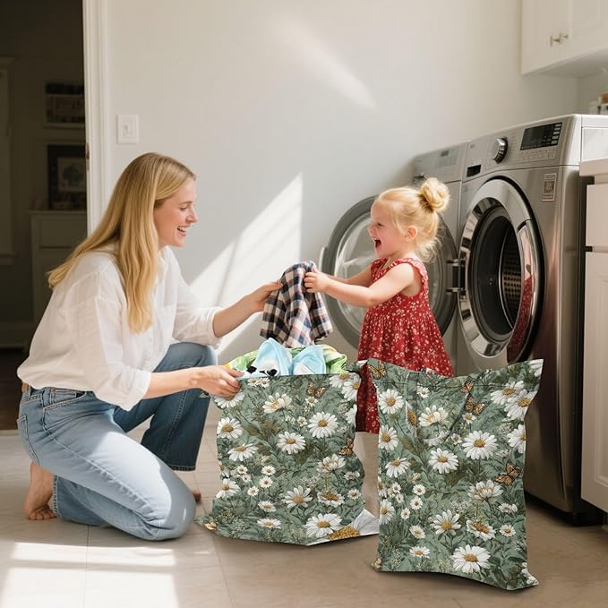 Travel Laundry Bags 2 PC Wet Dry Bag with Handle Dirty Clothes Organizer for Swimsuits Beach Camping Waterproof Washable Summer Daisy Butterfly Green