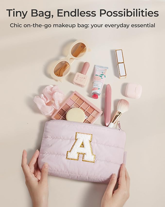 BAGSMART Personalized Makeup Bag with Initial, Pink Small Cosmetic Travel Organizer, Water-Resistant Pouch for Women & Teens for Bridesmaid Graduation (Initial-E, Small)