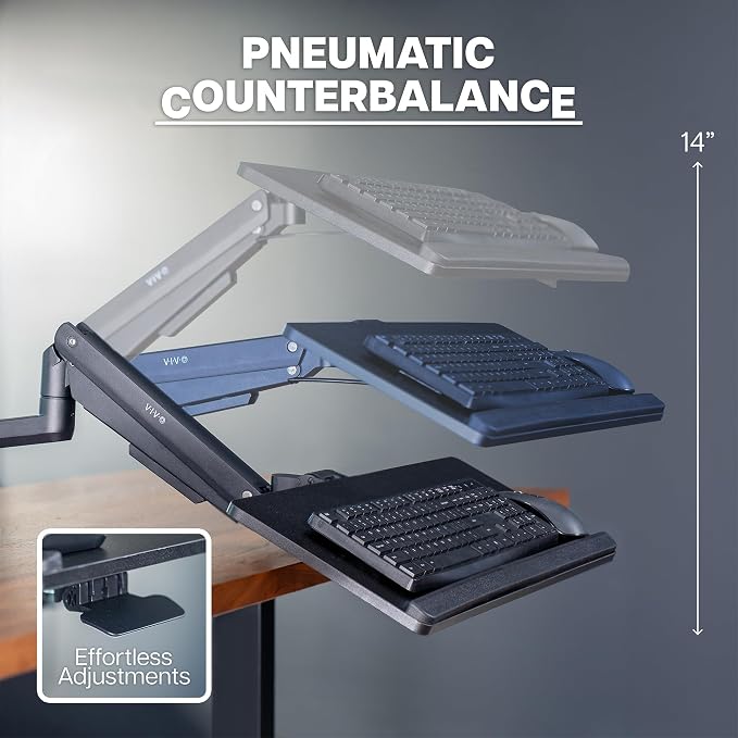 VIVO Sit-Stand 24 Inch Pneumatic Universal Pole Mounted Keyboard and Mouse Tray, Full Motion, Height Adjustable Typing Platform, Ergonomic Tilt, Black, MOUNT-KB35C-P