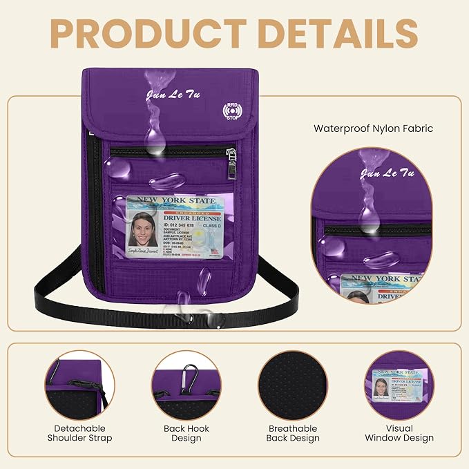 Passport Holder for Travel, RFID Passport Wallet with Visual Window Design, Multifunctional Document Organizer, Waterproof Travel Pouch Neck Wallet for Men and Women, Purple