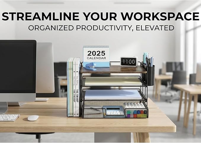 OPNICE Wood Desk Organizers and Accessories, 4-Tier Desktop File Organizer with Drawer and 2 Pen Holders, Office Desk Accessories Workspace Organizers for Office Supplies(Wood)