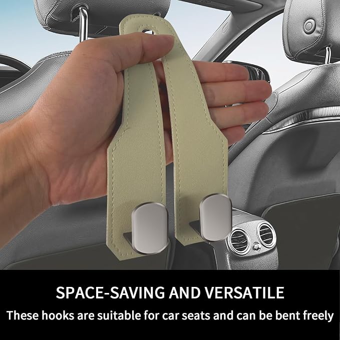 Car Seat Headrest Hooks for Purses and Bags, 4 Pack Bag Purse Holder for Car with Double Metal Hooks, Car Purse Hanger, Headrest Back Seat Handbags Hook Cute Hanging Accessories, Beige