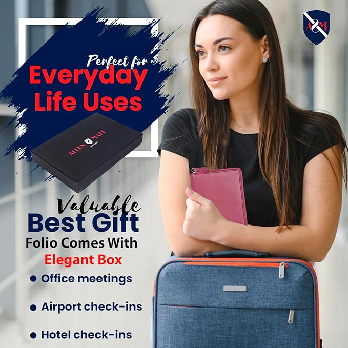 ALLEN & MATE 100% Leather Passport Holder for Travel RFID Blocking Passport Wallet for Men & Women - Zippered Compact Travel Document Organizer Fits Passport, Cash, Cards, SIM, ID and Tickets