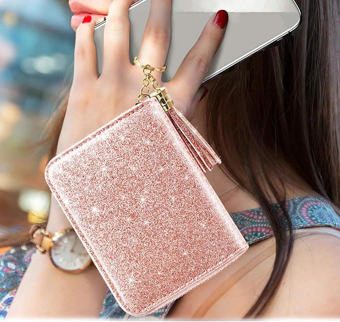 Coco Rossi Women Small Credit Card Wallet RFID Glitter Bling Cute Accordion Card Holder with Zipper Pink