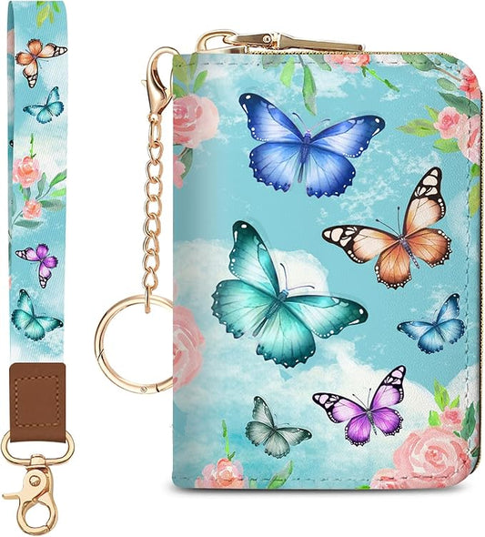 Blusabaca Credit Card Holder for Women, Butterfly Small RFID Blocking Wallet with Wristlet Strap, Keychain Zipper Women Wallet, Leather Card Case, Accordion Card Wallet Purse with Key Lanyard