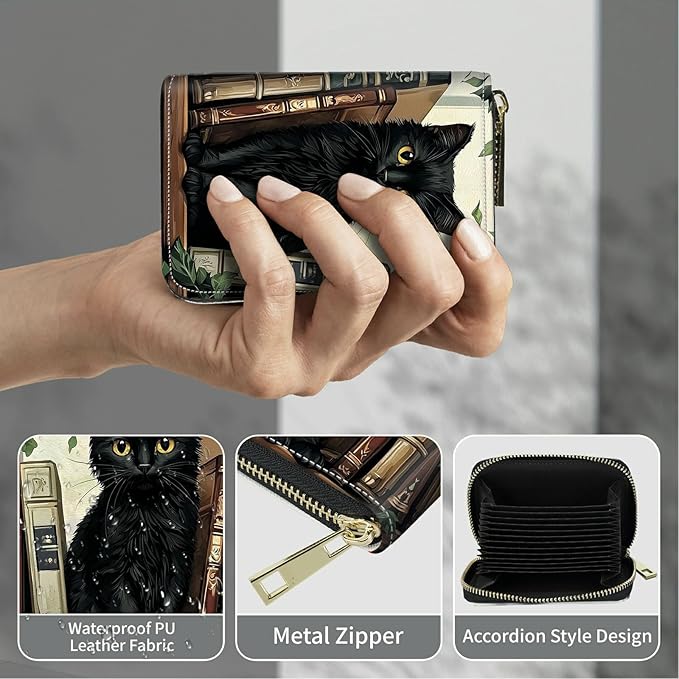 Cute Credit Card Holder with Zipper, Black Cat Books RFID-Blocking Card Case Small Wallet for Women Men, Multi-slot Card Organizer Case Travel Accordion Wallet