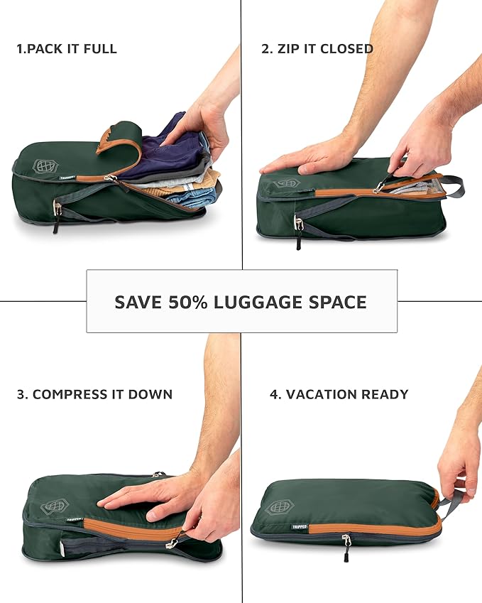 Compression Packing Cubes for Travel, 6-Piece Lightweight Packing Cubes Set for Carry-On Luggage & Backpacks – TRIPPED Travel Gear (Green and Brown)