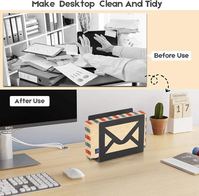 Desktop Metal Mail Holder,Modern Black Letter Organizer for Desk with Cutout Envelope Design,Home and Office Envelope and Document Storage Rack (Black)