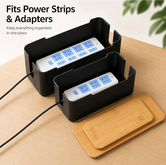 [Set of 2] Wood Cover Cable Management Box Set, Wire Ties Included to Organize Desk Cord Cables, Hide TV Computer Wires, Power Strips, USB Hub to Make Your Home, Office Neat and Clean (Black)
