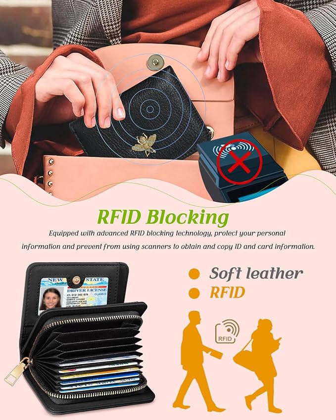 Bistup Credit Card Holder Wallet for Women Cute Leather Ladies Teen Girls Female Cardholder Wallets Accordion Purse Small Medium Aesthetic Print Bee Unique Modern Luxury Rfid Zipper Around