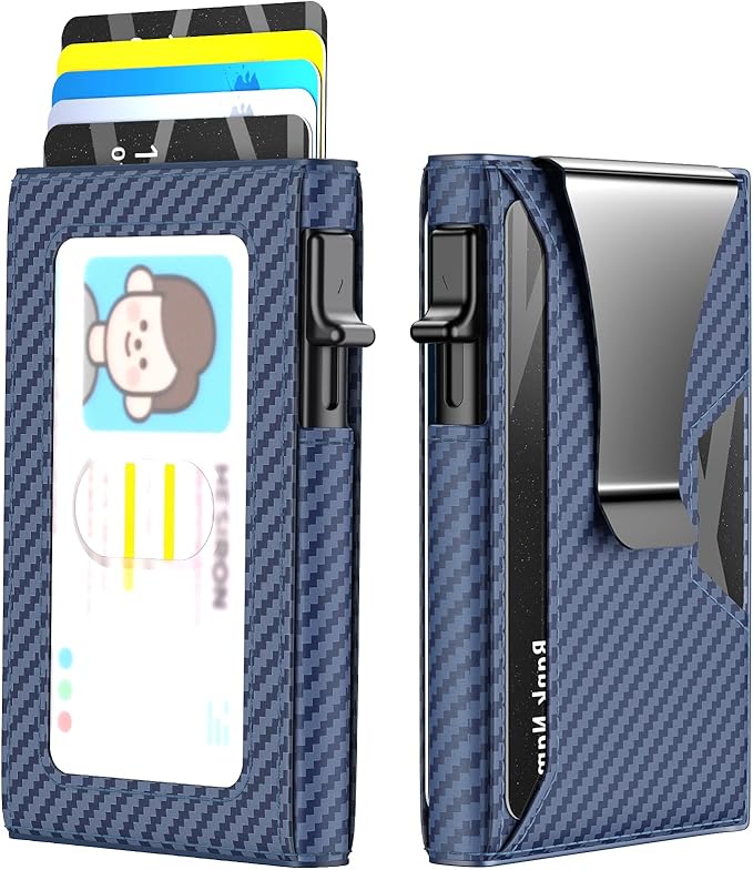 Wallet for Men Slim Minimalist Pop-up Smart Holds 5-6 Cards - RFID Blocking Metal with Money Clip, Credit Card Holder & ID Window,Business Card Cases, men accessories (Carbon Blue)