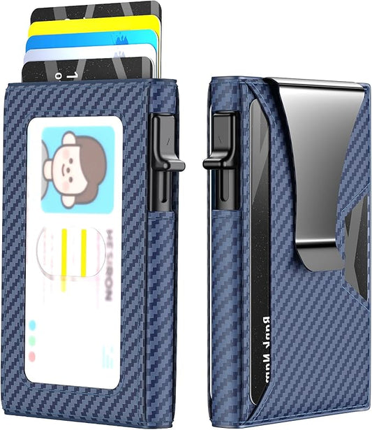 Wallet for Men Slim Minimalist Pop-up Smart Holds 5-6 Cards - RFID Blocking Metal with Money Clip, Credit Card Holder & ID Window,Business Card Cases, men accessories (Carbon Blue)