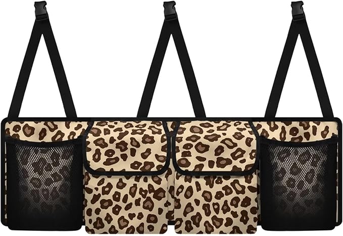 Brown Leopard Car Trunk Organizer Vehicle Seatback Hanging Storage Container with Pockets Sapce-saving Car Interior Accessories