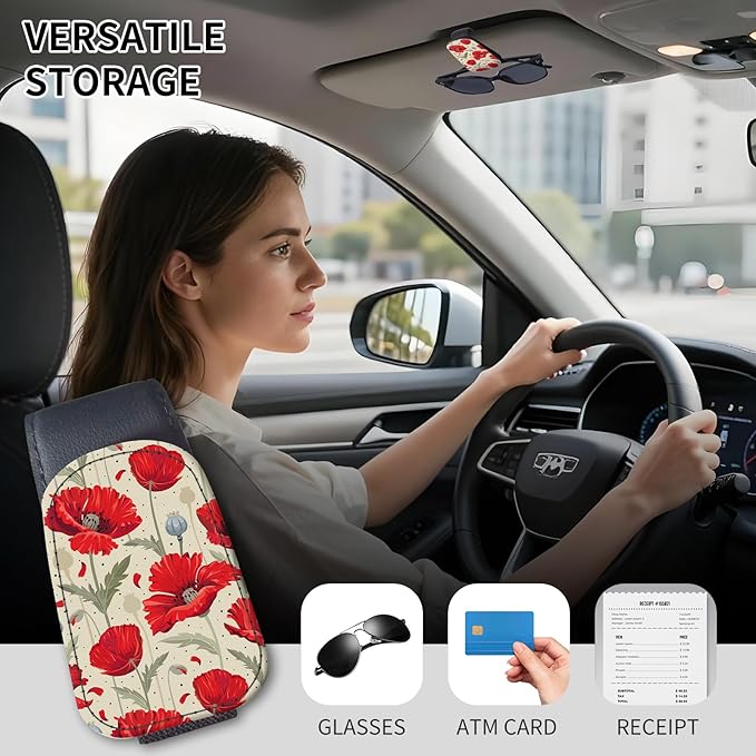 Sunglasses Holder for Car Visor, PU Leather Glasses Clip Organizer, Cute Magnetic Eyeglass Holder for Vehicle Sun Visor, Car Interior Accessory for Women & Men Red Poppy Flowers