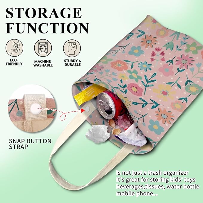 Car Trash Can, Cute Car Trash Bag, Hanging Car Organizer and Storage Bag, Trash Bin for Car Accessories, Vehicle, Travelling, Camping Cute Pink Flower