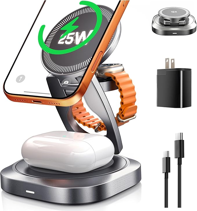 Qi2.2 25W 3-in-1 Wireless Charger for iPhone 17/16 Series, Foldable Wireless Charging Station Compatible with MagSafe, 360° Swivel Zinc Alloy Base for Apple Watch & AirPods (45W Adapter Included)