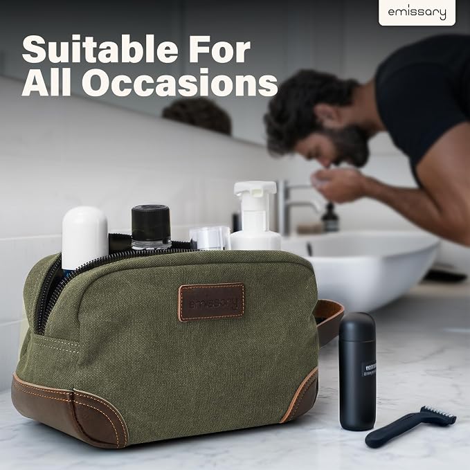emissary Men's Canvas Travel Toiletry Bag, Leather Dopp Kit - Dark Green | Durable canvas & PU leather, water-resistant lining, side handle; roomy men's Dopp kit for travel & gym