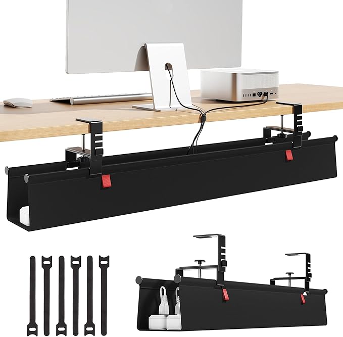 Litwaro Under Desk Cable Management Tray No Drill, 36" Cord Organizer with Clamp for Standing Desk, Premium Fabric Cable Tray with Wire Management for Office Home, Black