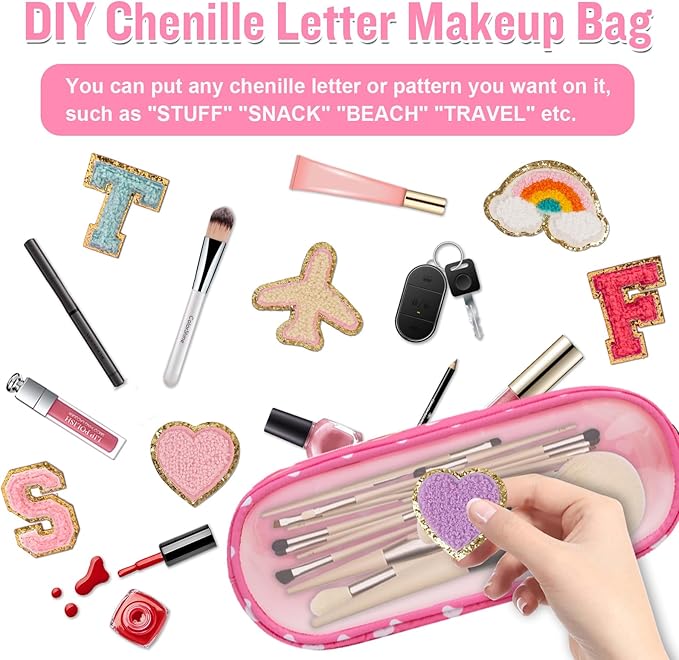 Nylon Small Clear Makeup Bag Slim Pencil Pouch, Cute Pencil Case Makeup Bag Preppy Cosmetic Zipper Pouch for Purse,Travel PVC Toiletry Bag Clutch Coin Pouch Makeup Organizer for Women Girl(Pink Heart)