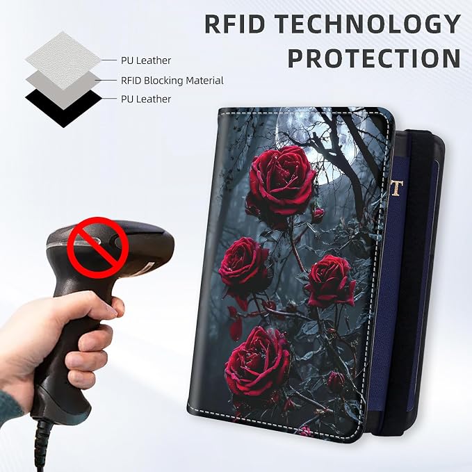 [Gothic Dark Red Roses Ultra-Slim Passport Holder Wallet with Pen Loop, RFID Blocking Faux Leather Travel Passport Cover, Compact Boarding Pass & Card Case Organizer for Women & Men