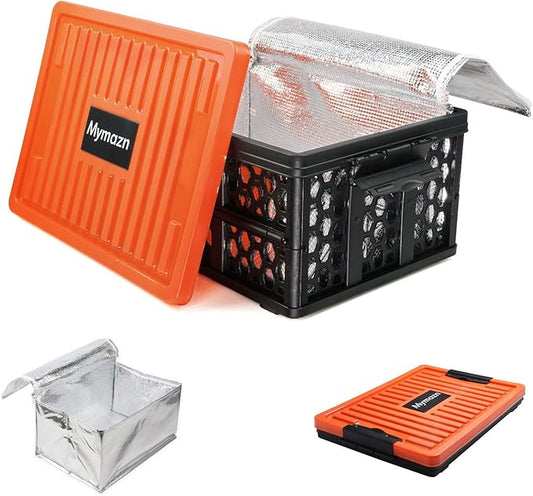 Mymazn Trunk Crate Organizer with Cooler for Car, Collapsible Plastic Trunk Lid Organizer Box for Travel, Groceries, Sports, Home, Tailgating | Removable Insulated Cooler Set