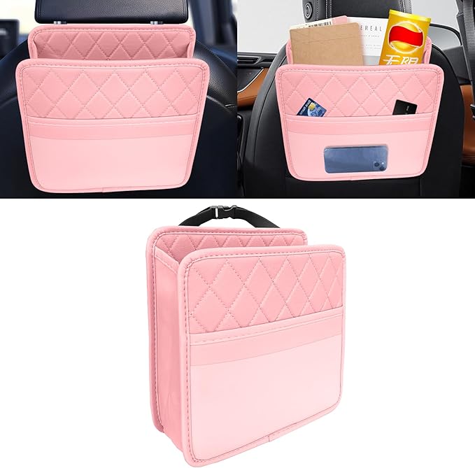 Car Seat Back Organizer, Car Organizers and Storage, Leather Multipurpose Vehicle Backseat Storage Pocket, Auto Interior Accessories Waterproof Hanging Bag for SUV Sedan Truck (Pink)
