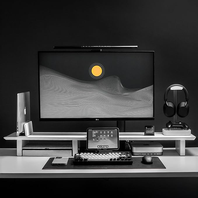Raico Desk Cockpit Shelf Monitor Stand System Dual Screen Setup Wood Large Desk Accessory Organizer Unit (Matte White, Full Length v2 | 45.7 Inches)