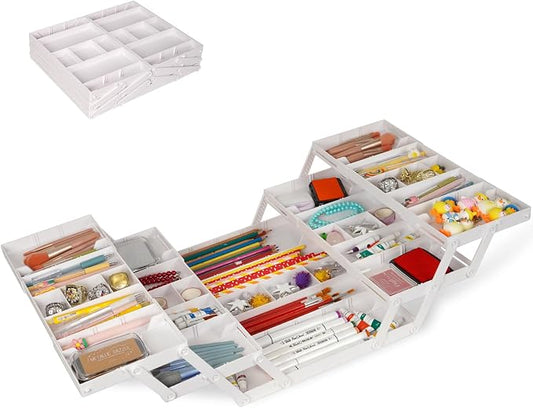 3 Tier Drawer Organizer - Expandable Junk Drawer Organizer Smart Office Supply Organizer, Folding Kitchen Tool Storage Multi Level Desk Organizer for Makeup, Jewelry Storage(2 Row 3 Tier, White)