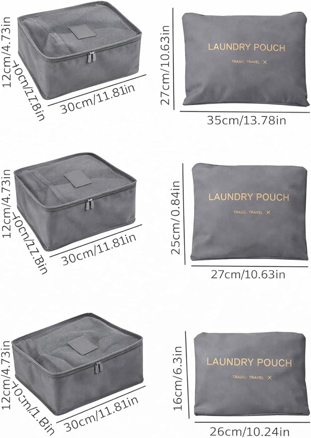 6 Set Travel Packing Cubes for Luggage – Laundry Pouch Organizer Bags, Lightweight Storage Pouches for Clothes, Shoes, and Toiletries (grey)