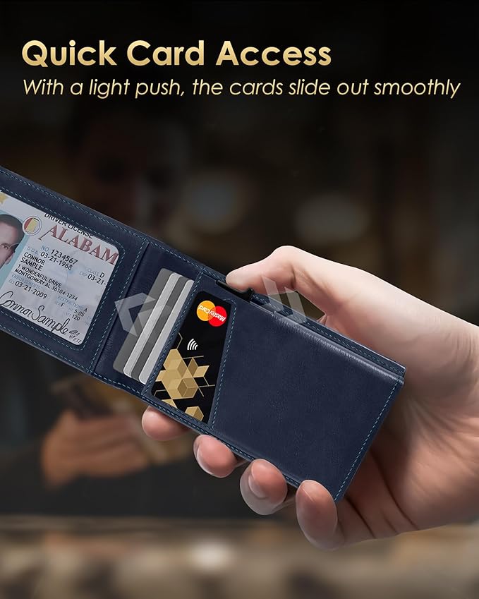 QLD Wallet for Men - RFID Blocking [Functional & Practical] Bifold Slim Minimalist Credit Card Holder Pop Up Metal Case with Cash Slot, Front Pocket with ID Window, Gift Boxed