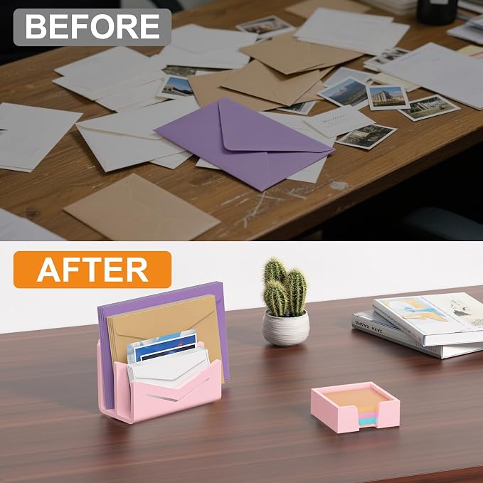Beego Envelope and Mail Organizer Countertop - 2 Compartments Pink Acrylic Desk Organizer Letter Holder Desktop File Sorter Bill Document Folder Rack for Office, Home, School Desk Organization