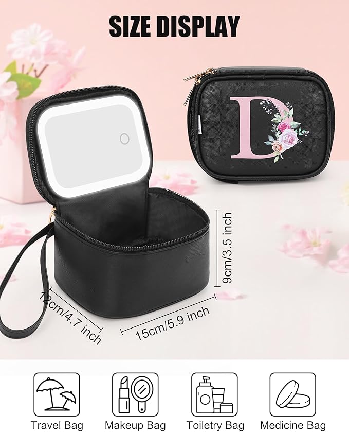 Relavel Initial Makeup Bag with Led Mirror, Mini Make Up Bag for Women Girls, Personalized Cosmetic Bag with Adjustable Brightness, Rechargeable Pink Make Up Bags Pouch for Birthday Gift - Black D