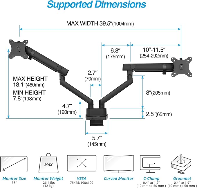 AVLT Laptop and Monitor Arm, Fits 15.6" Notebook and 38" Screen, Dual Full Motion Adjustable Arms, Ergonomic VESA Mount to Organize Work Surface & Remove Clutter