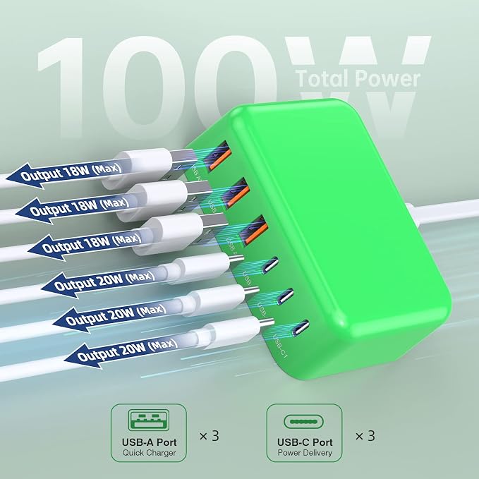 6 in 1 USB Charger, 50% Smaller Charging Station for Multiple Devices, 100W Fast Charging Blocks with Type C Ports, USB Charging Hub Organizer Multiport Power Strip for iPhone, Ipad, Kindle, Travel