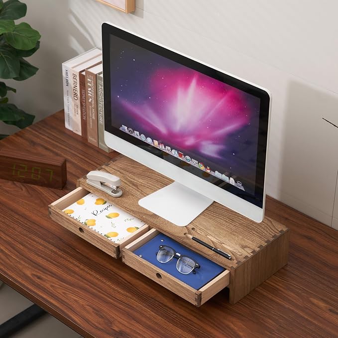 KIRIGEN Wood Monitor Stand with 2 Drawers, Solid Wood Computer Monitor Riser for Desk, Desktop Organizer Shelf with Cable Management, Pen Slots, Brown, No Assembly PMJ-DBR