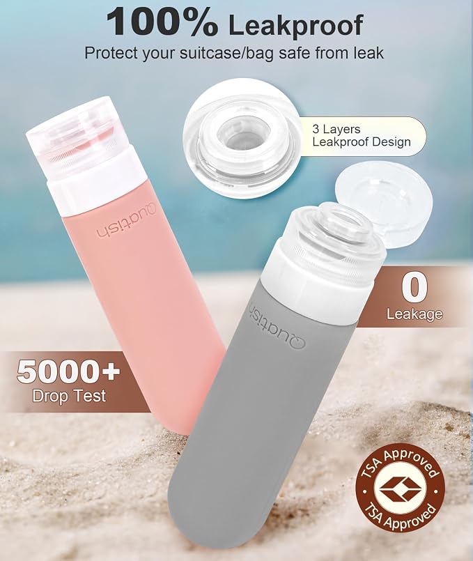 Quatish Travel Bottles for Toiletries, Original Patented Leak Proof Travel Size Containers, 3 oz Tsa Approved Silicone Shampoo and Conditioner Bottles, 4 Pack, Dusty Pink