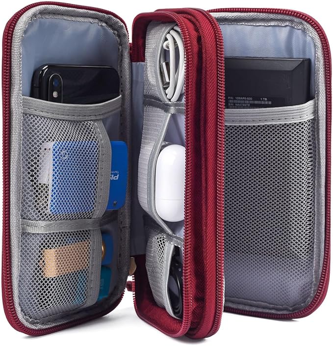 CAAORDKSO Electronic Cord Organizer Travel Case, Travel Cable Organizer Bag, Waterproof Electronic Accessories Carry Pouch for Cable, Cord, USB, Charger, Phone, Power Bank, Earphone (Wine Red, Medium)