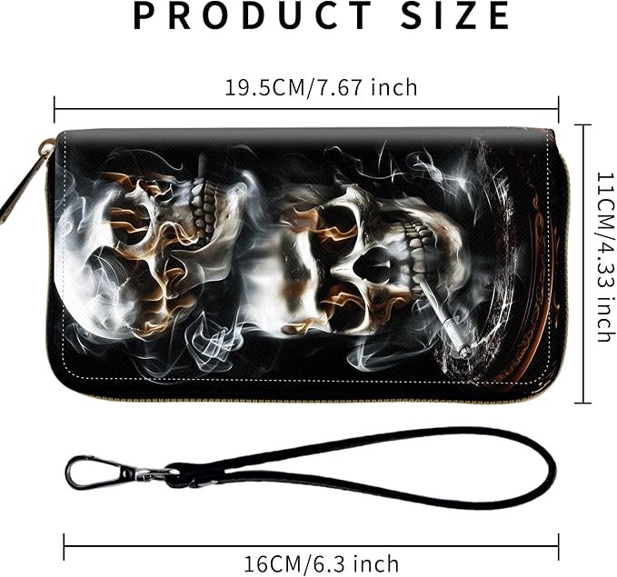 Wallet,Leather Long Wallet Suitable For Ladies And Teenagers - Detachable Wristband + RFID Travel Wallet With Card Slot - Smoking Skull
