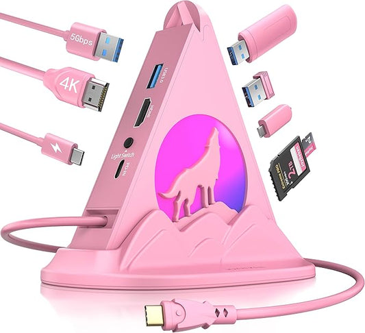 USB C Hub, Pink 8-in-1 Type C Multiport Adapter with 4K@30Hz HDMI, 100W PD, 5Gbps 1xUSB-C, 3xUSB-A 3.0, SD/TF Slots ï¼?RGB Lighting, Pink USB Hub for MacBook Air/Pro, iPad, iMac, Surface, XPS