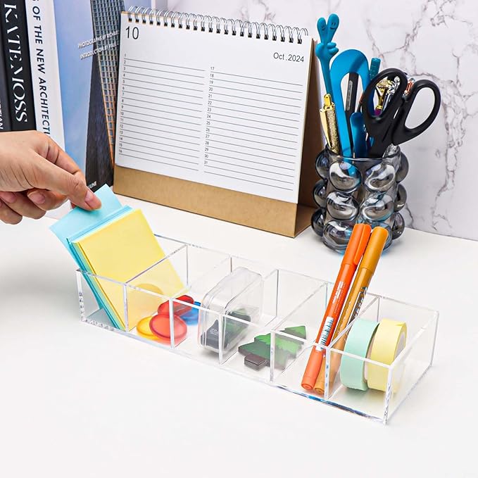 NatSumeBasics Clear Drawer Organizer 6-Section Desk Compartment Acrylic Tray Holder, 3.3" Width not for Storage Credit Cards Business Card, Office Accessories Supplies (Small)