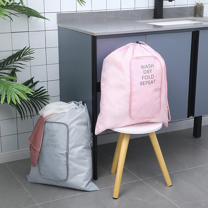 2 Pcs Travel Laundry Bag Washable Dirty Clothes Bag with Drawstring and Zipper for Suitcase, 22 x 18 Inch (Pink, Gray,Classic)