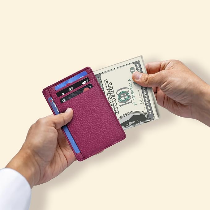 Oak Leathers Leather Slim Minimalist Wallet for Men & Women RFID Front Pocket Leather Card Holder Wallets (Dark Pink)