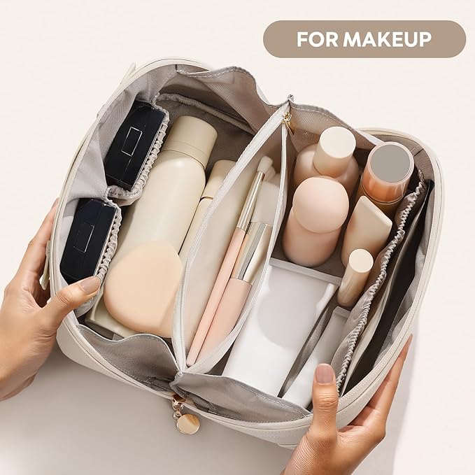 mibasies Flat Lay Open Travel Makeup Bag, Dual-Zipper Diagonal Cosmetic Bag, Large Capacity Waterproof Toiletry Bag for Women